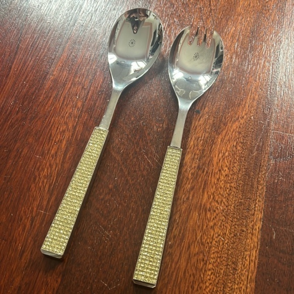 Salad Servers Serving Set with Swarovski Handle Inserts Detail NEW